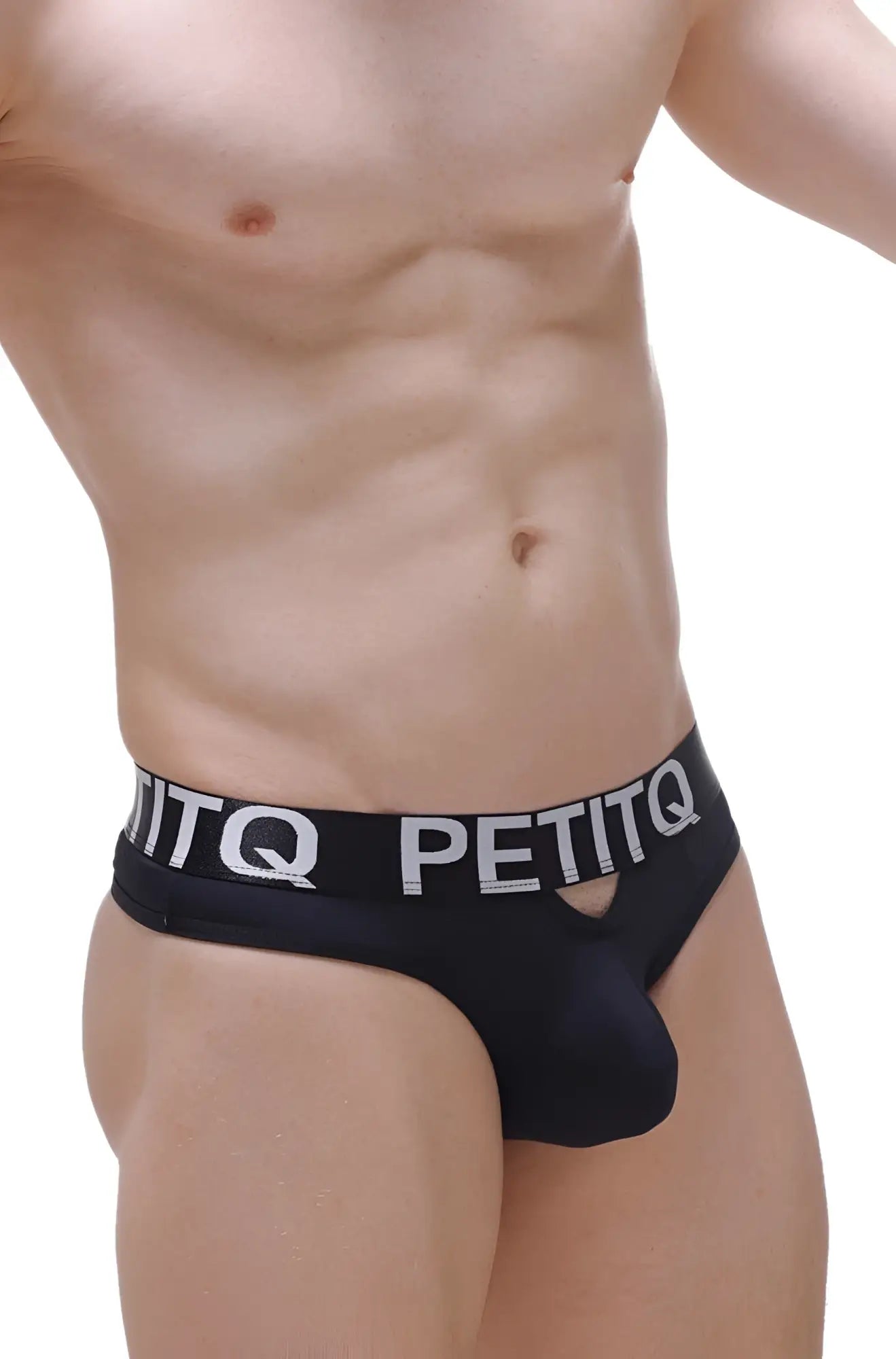 Black thong moree men’s briefs with white logo band and cutout detail in soft breathable fabric