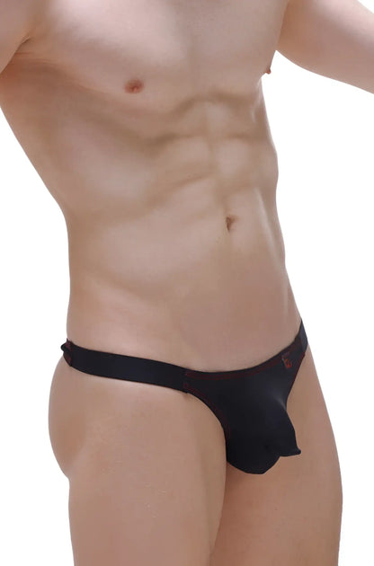 Black men’s briefs thong mothern black with red logo waistband showing front side in soft cotton fabric