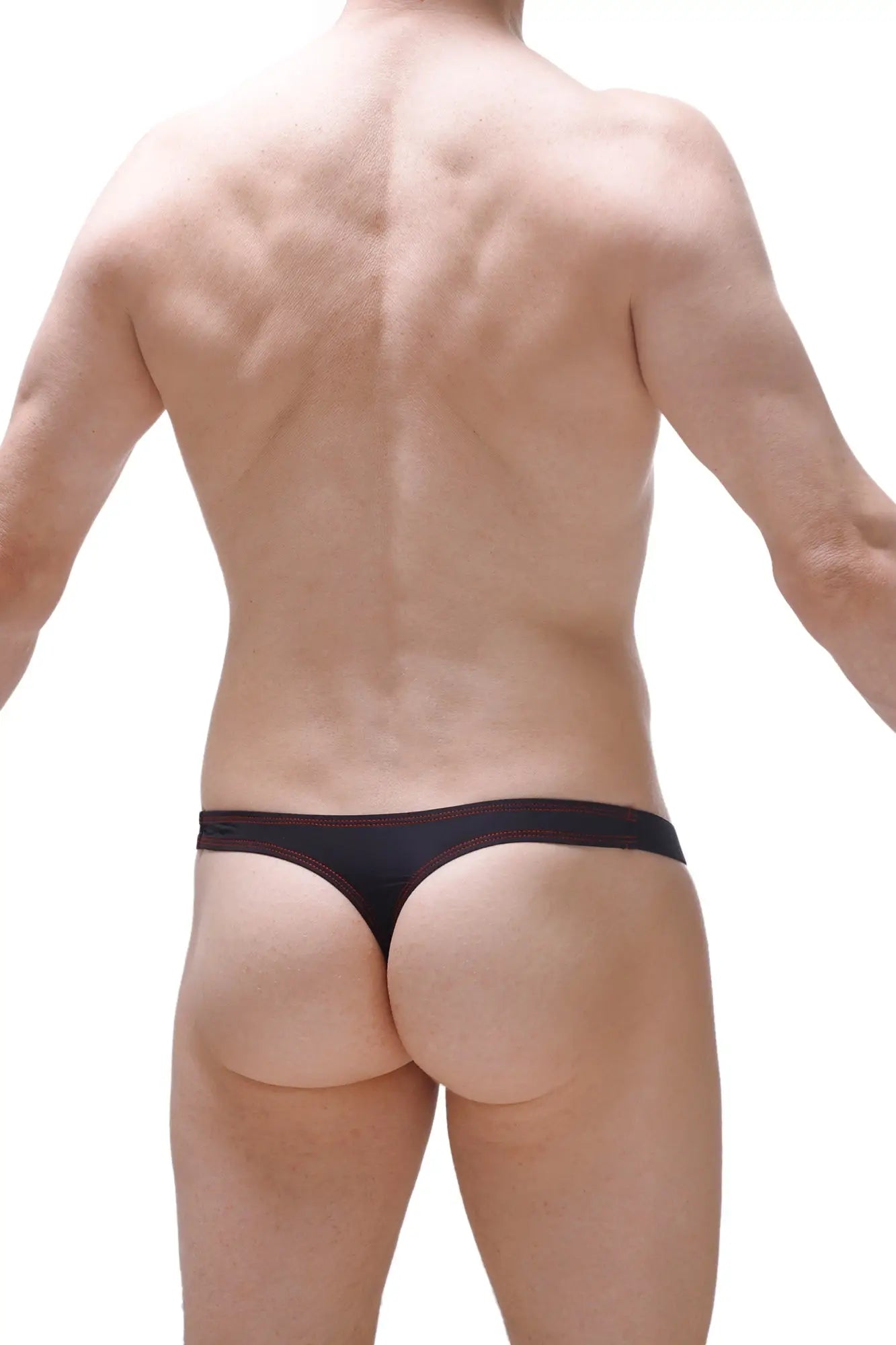 Black thong with red stitching along the waistband shown from the back in thong mothern black design