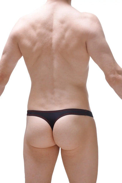 Black thong with red stitching along the waistband shown from the back in thong mothern black design