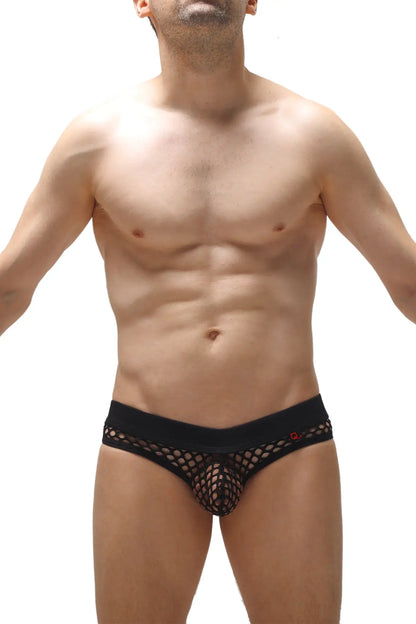Black mesh thong nivac briefs with a solid waistband and a small red logo on the side