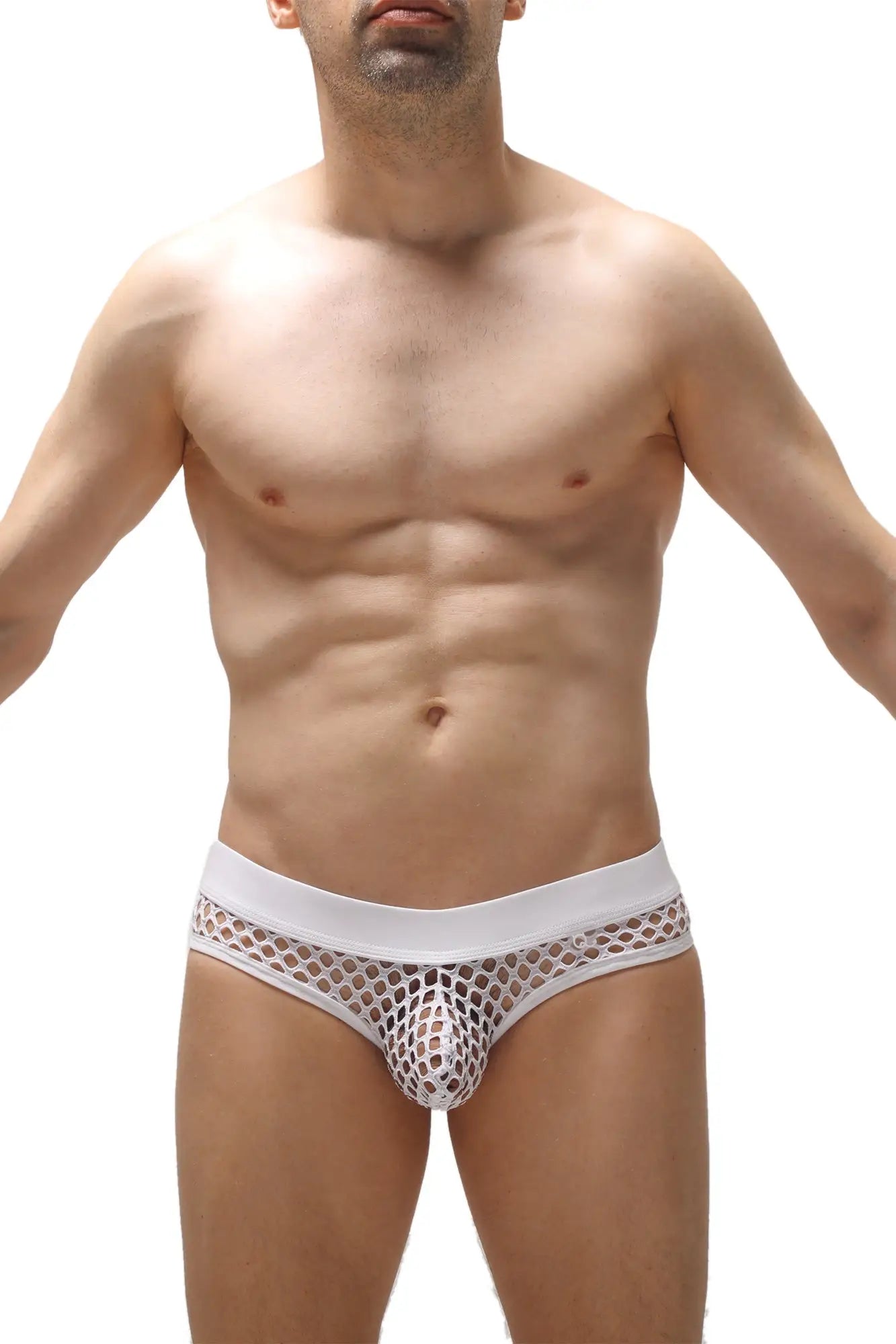 White mesh briefs thong nivac white with solid white waistband and circular perforations visible from the back side