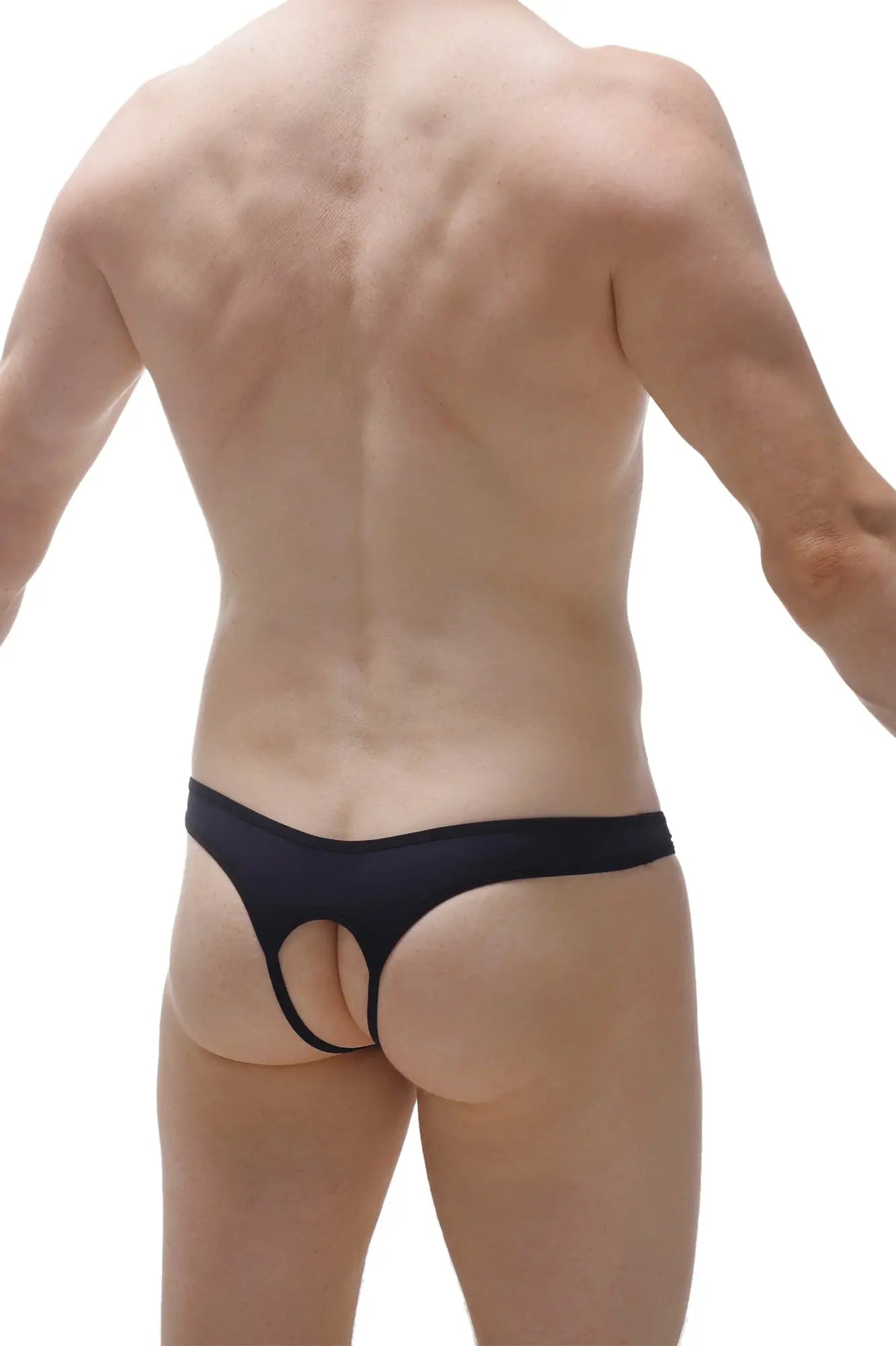 Black thong open cuens with a cutout design showing the back side for intimate wear and comfort