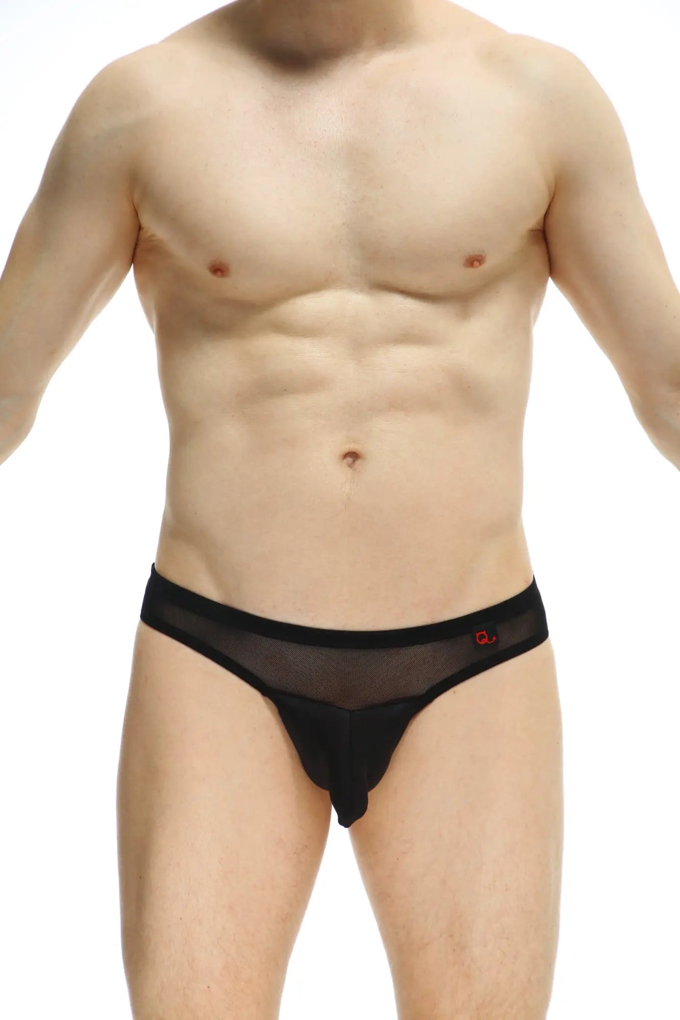 Black sheer mesh thong osseau black with solid waistband and small red logo on the side