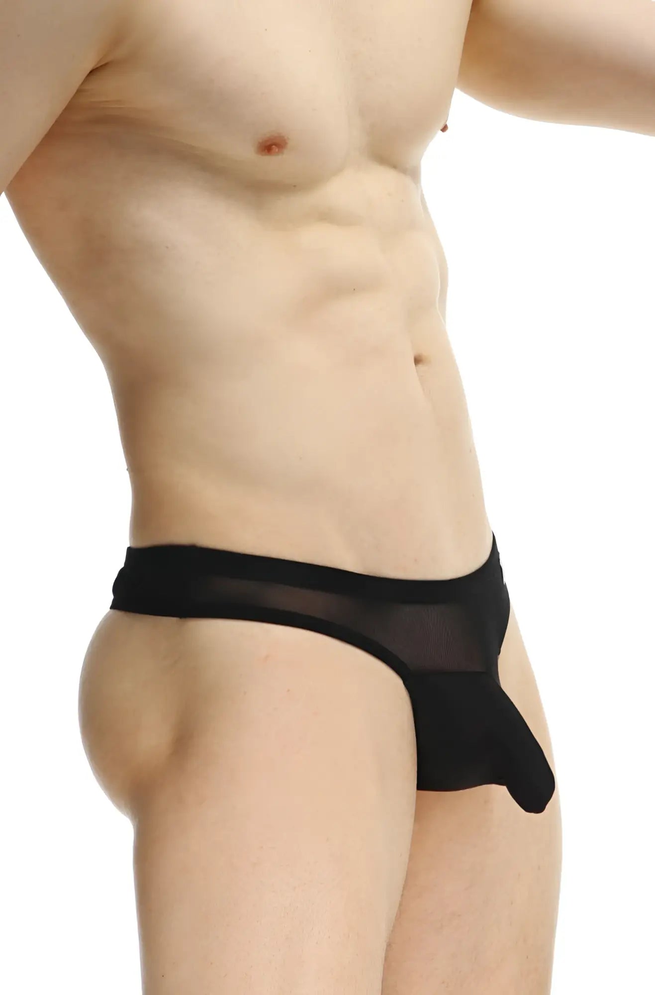 Black sheer mesh briefs with a solid black waistband thong osseau black shown from the back
