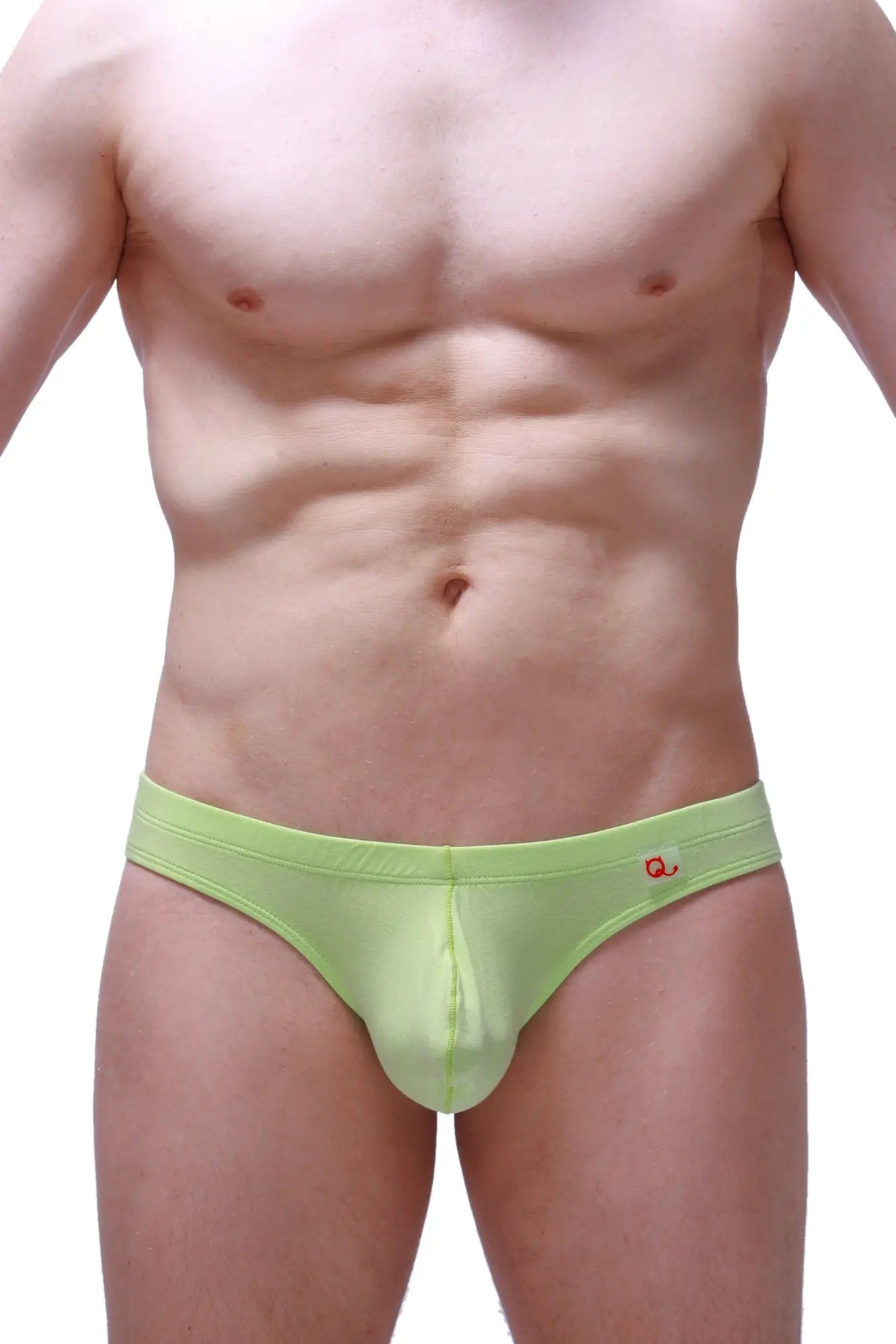 Lime green men’s thong briefs made from bamboo with a small red logo on the waistband in apple green shade