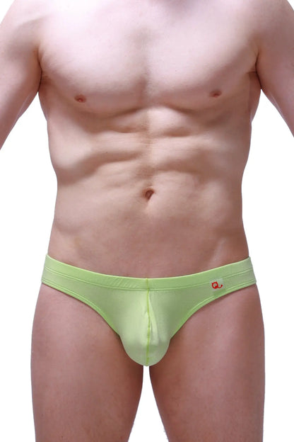 Lime green men’s thong briefs made from bamboo with a small red logo on the waistband in apple green shade