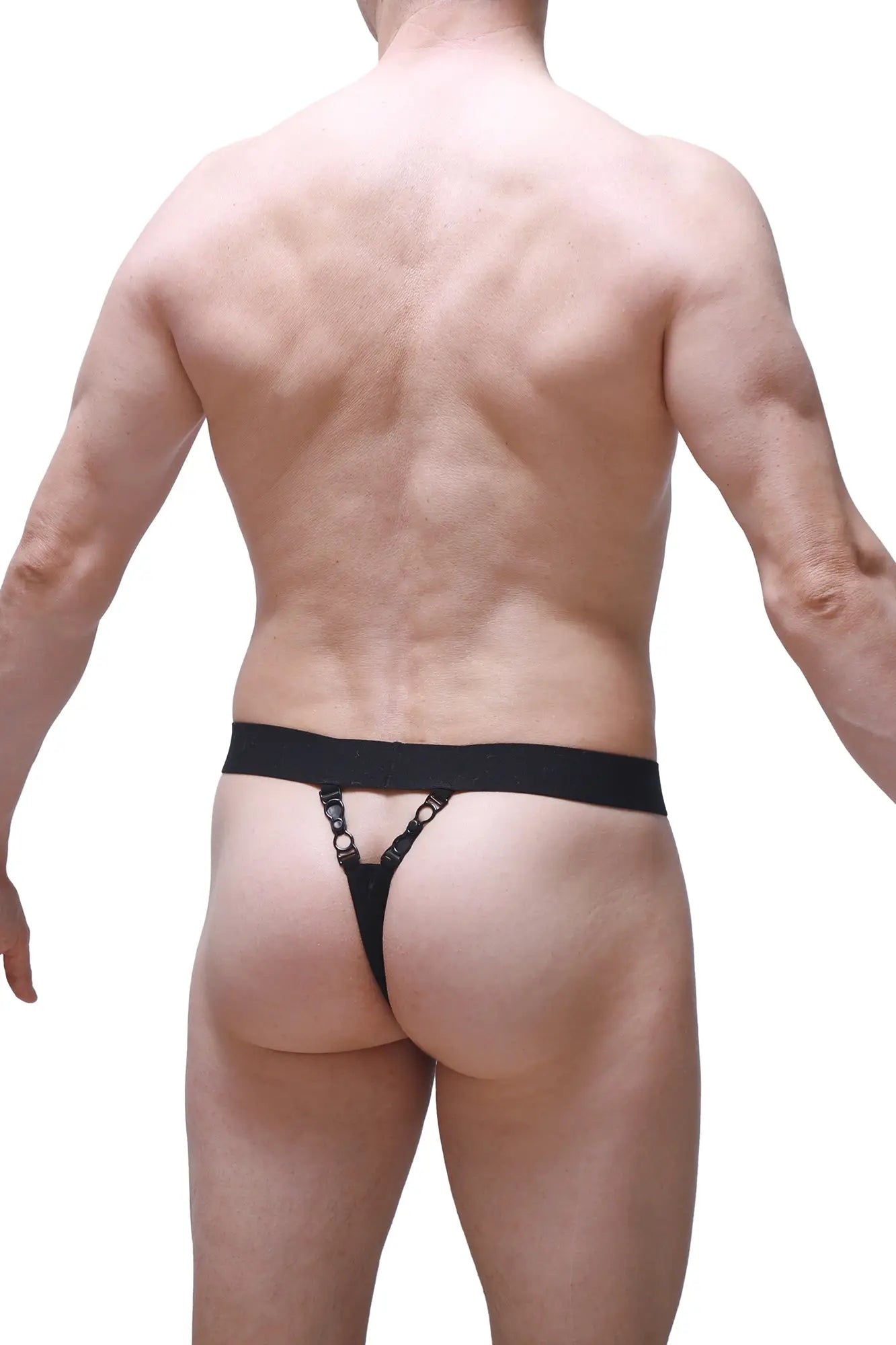Black thong pinces with a wide waistband and adjustable straps shown from the back in soft fabric