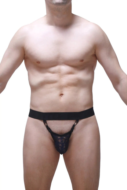 Black lace thong pinces lace navy with wide elastic waistband and decorative chain detailing shown from the back side