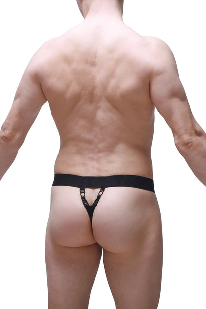 Back view of black thong pinces lace navy with wide waistband and decorative metal rings detailing