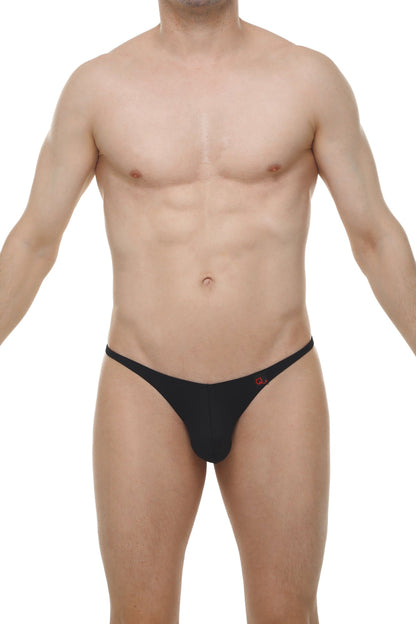 Black thong plellis skine with a small red logo on the waistband showing the front side of the product