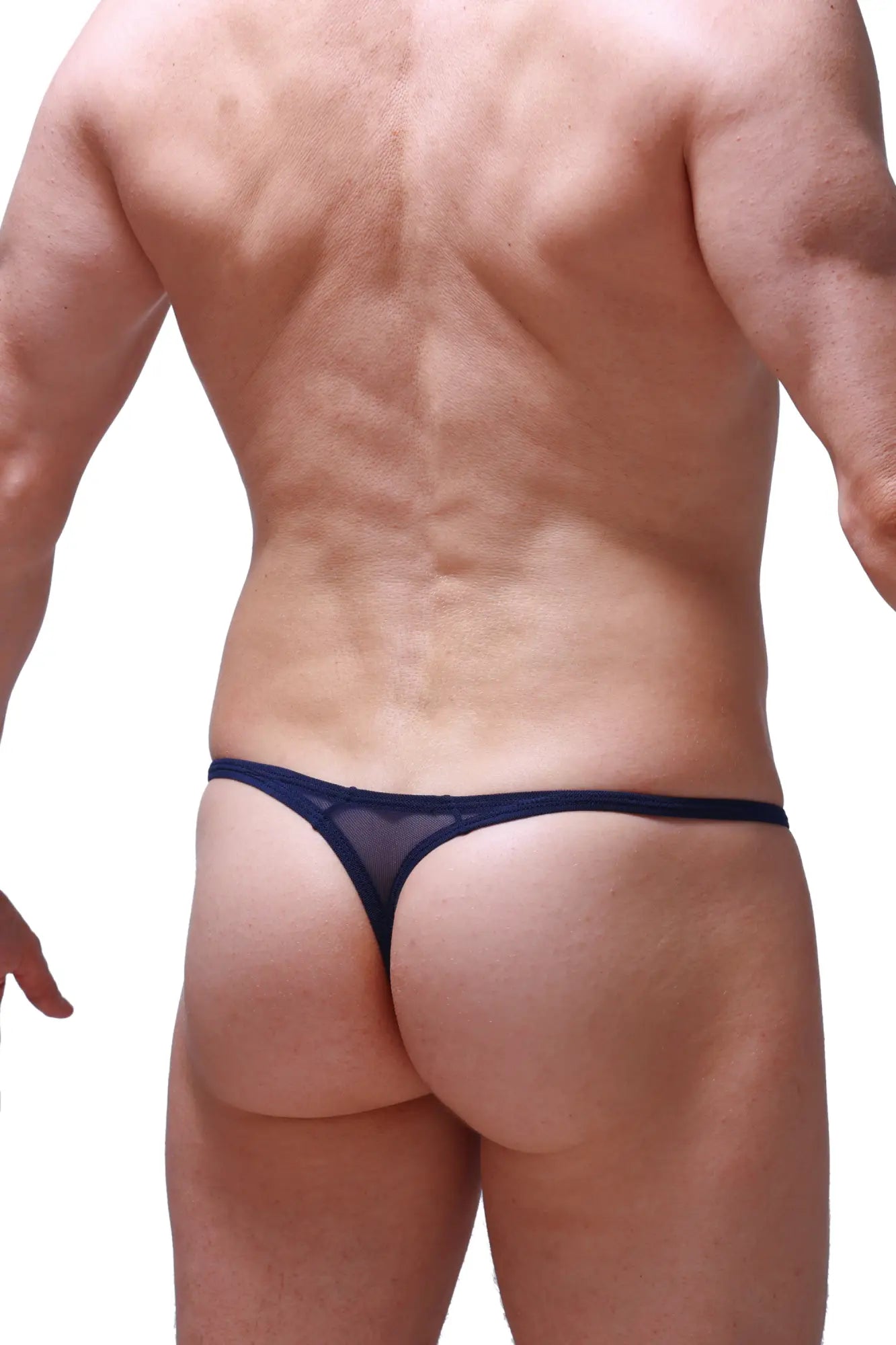 Navy blue sheer mesh thong plellis net style showing the back side for a stylish and breathable fit