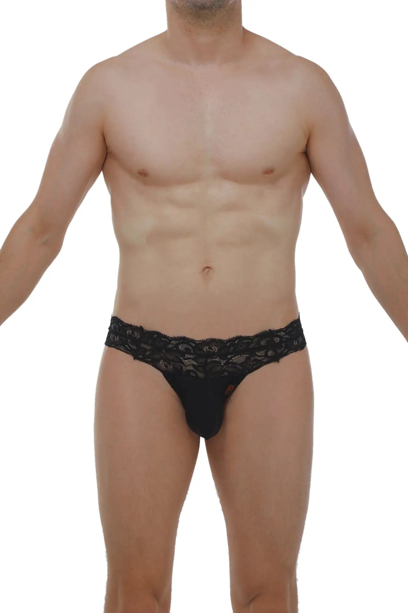 Black thong Plessis lace briefs for men featuring sleek, form-fitting design with black lace trim