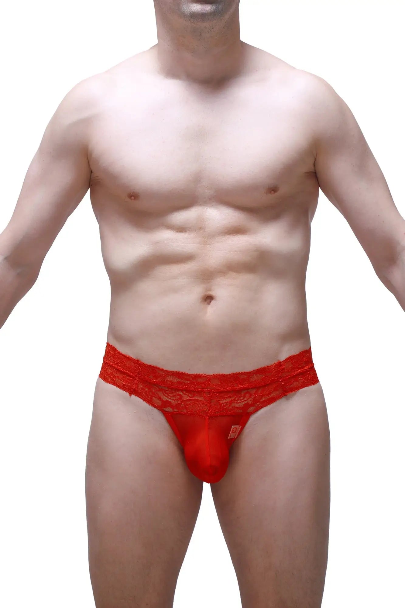 Red lace thong plessis net with sheer patterned waistband and solid red front panel for comfortable wear