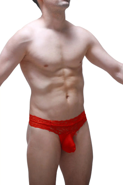 Red lace men’s thong plessis plum red with a prominent pouch made from delicate lace material