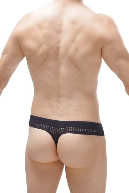Black mesh thong plones durtol with solid waistband featuring a dotted pattern shown from the back side