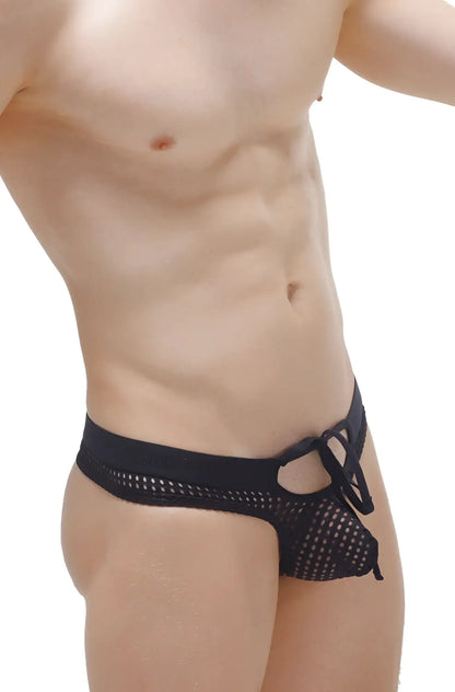 Black mesh thong plones durtol briefs with tied waistband showcasing breathable and adjustable design