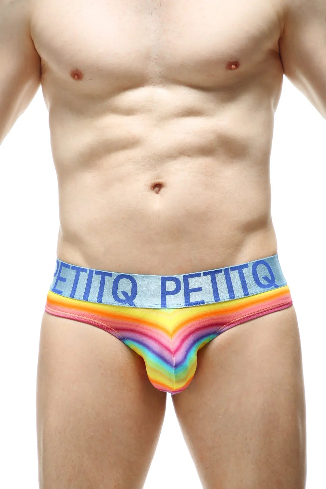 Rainbow-striped petitq men’s briefs with a blue waistband and bold Andiol branding from Thong Protruder Andiol collection
