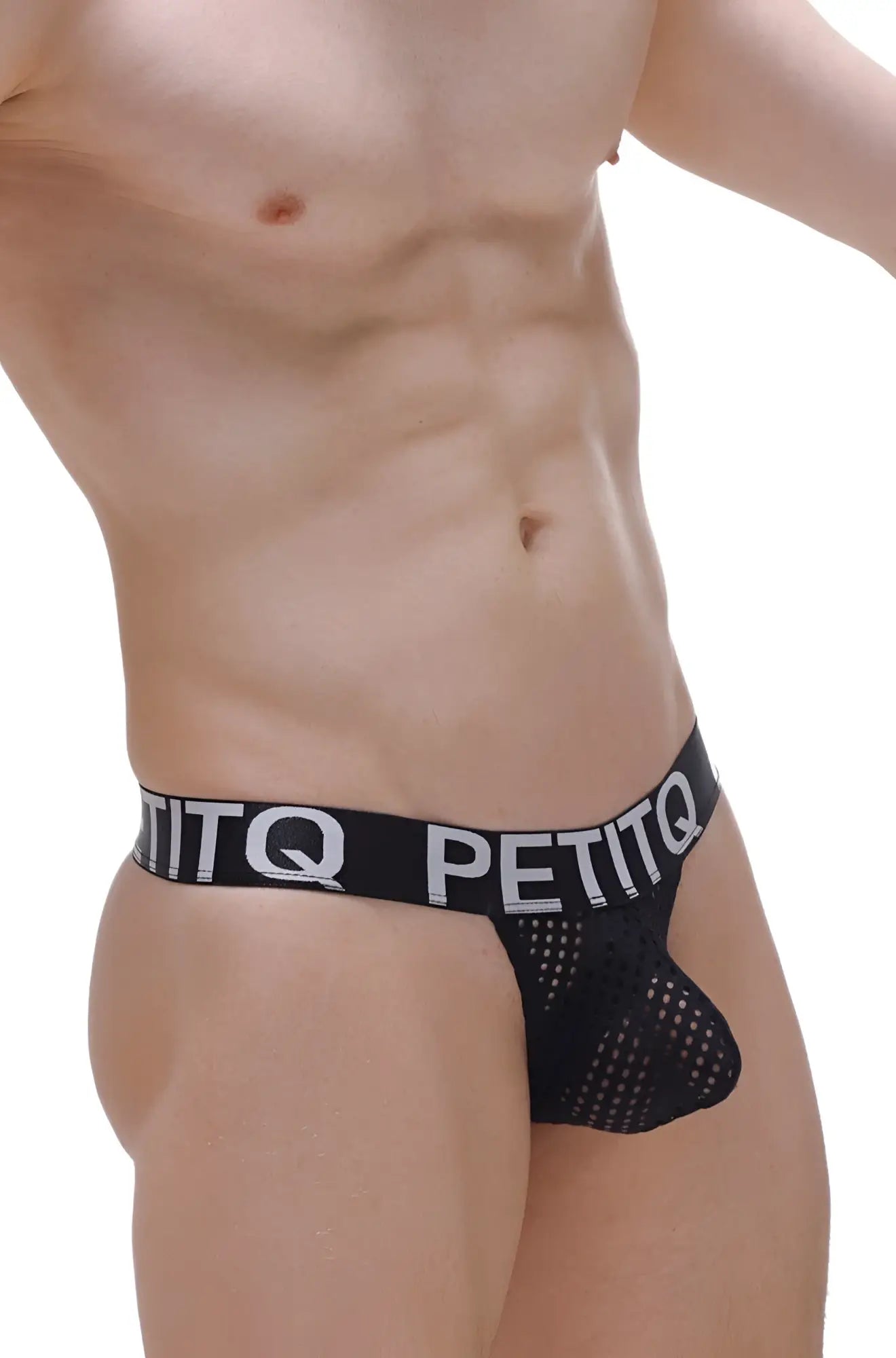 Black mesh thong with wide elastic waistband featuring petitq logo in white from the Thong Protruder Durtol Black line