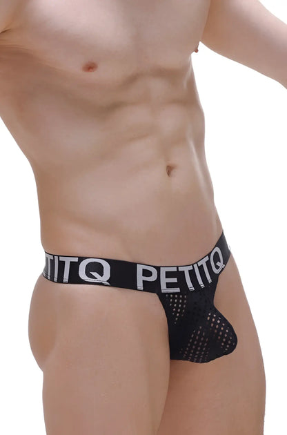 Black mesh thong with wide elastic waistband featuring petitq logo in white from the Thong Protruder Durtol Black line