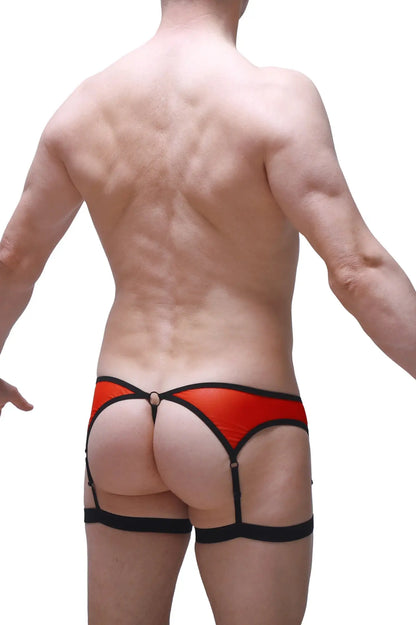 Red and black leather thong roaix with garter straps shown from the back for stylish lingerie wear
