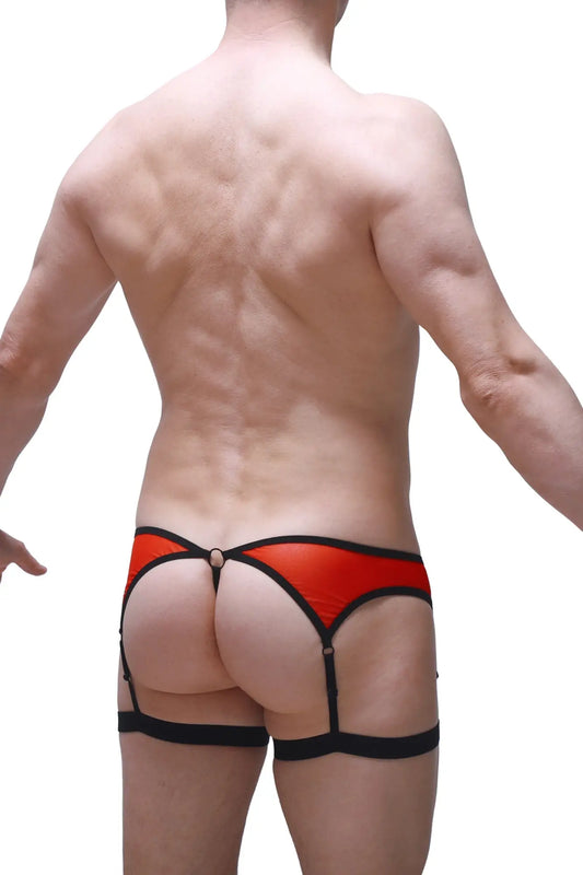 Red and black leather thong roaix with garter straps shown from the back for stylish lingerie wear
