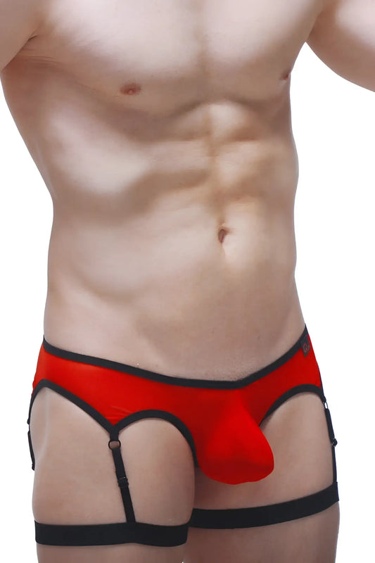Men’s red and black thong roaix briefs with distinctive suspender design for stylish and bold underwear look