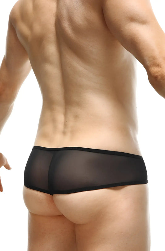 Black sheer mesh thong toga net briefs with solid black waistband showing front side design