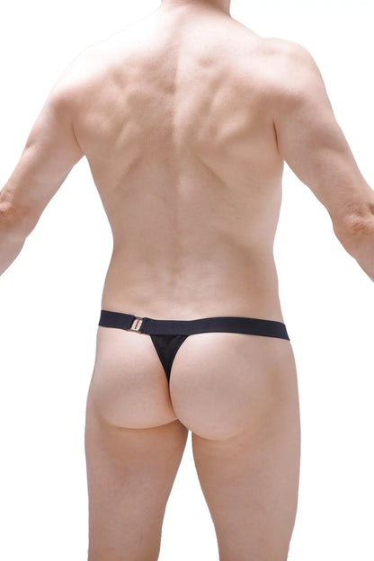 Back side of black thong vaivre with metallic buckle detailing for stylish lingerie look