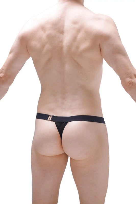 Back side of black thong vaivre with metallic buckle detailing for stylish lingerie look