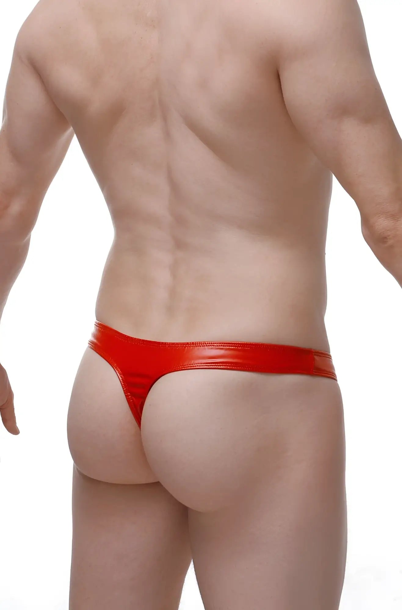 Red shiny vinyl thong featuring a zip detail made from latex shown from the back side