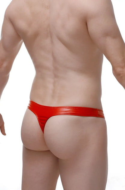 Red shiny vinyl thong featuring a zip detail made from latex shown from the back side