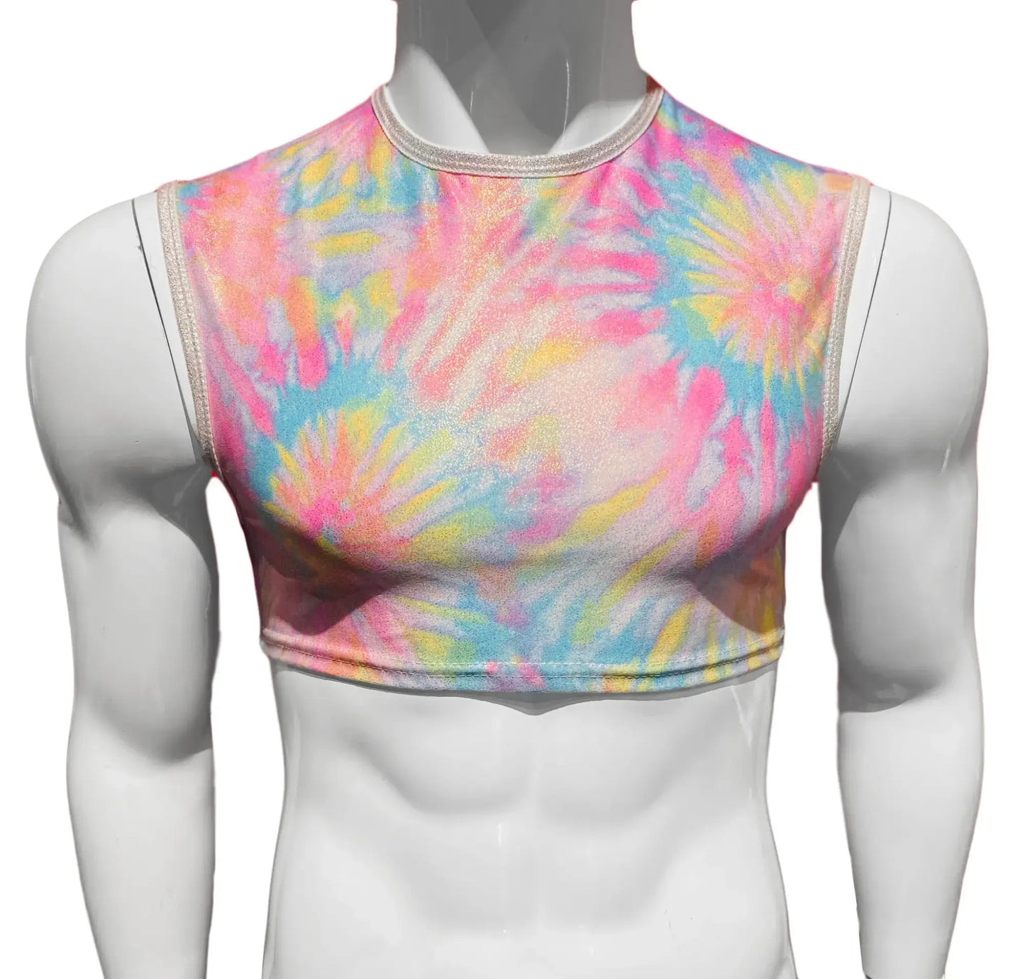 A vibrant sleeveless tie dye crop top featuring colorful shades of pink blue yellow and white perfect for casual wear