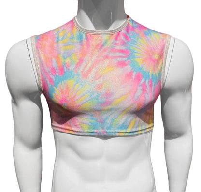 A vibrant sleeveless tie dye crop top featuring colorful shades of pink blue yellow and white perfect for casual wear