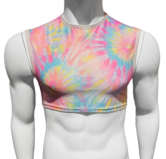 A vibrant sleeveless tie dye crop top featuring colorful shades of pink blue yellow and white perfect for casual wear