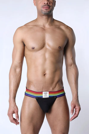 Black textured briefs with rainbow-striped elastic waistband and white label tight end 2 snap up jockstrap pride edition