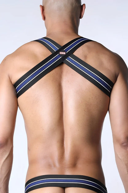 Tighty end elastic harness with black and blue stripes white trim cross-back design and small red cb12 logo front view