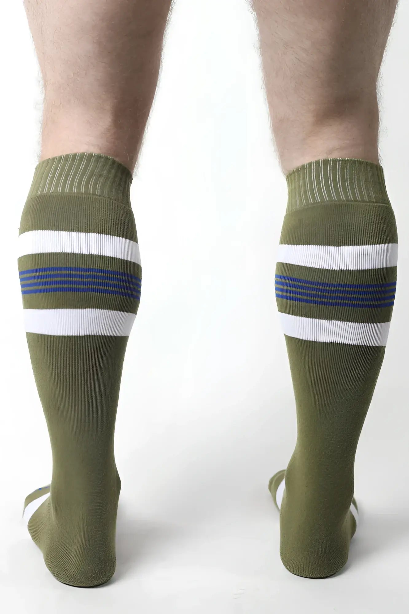 Olive green tight end knee high socks with two white stripes thin blue lines and ribbed cuffs