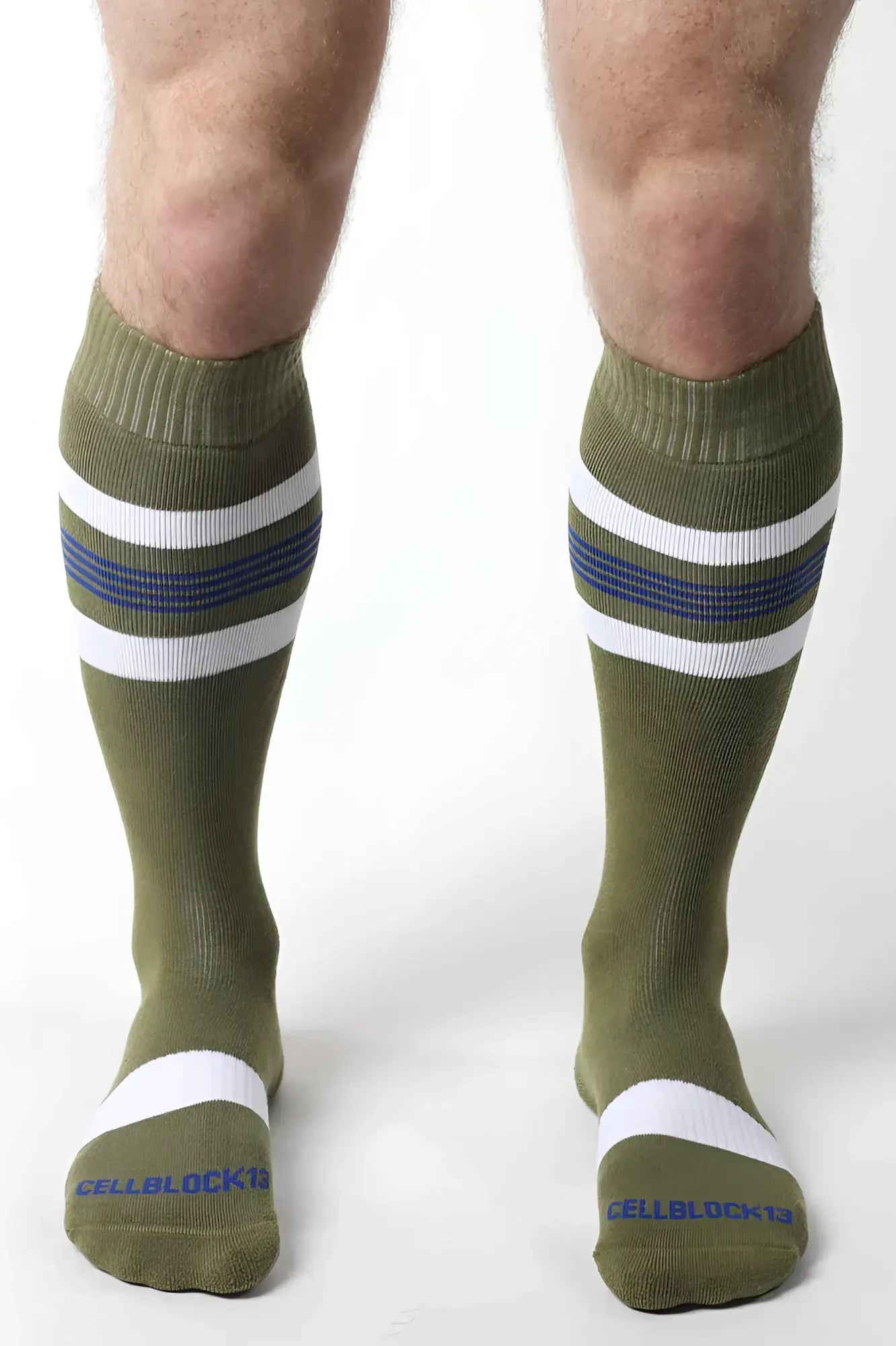 Olive green tight end knee high socks with white and navy stripes ribbed cuff and toe band