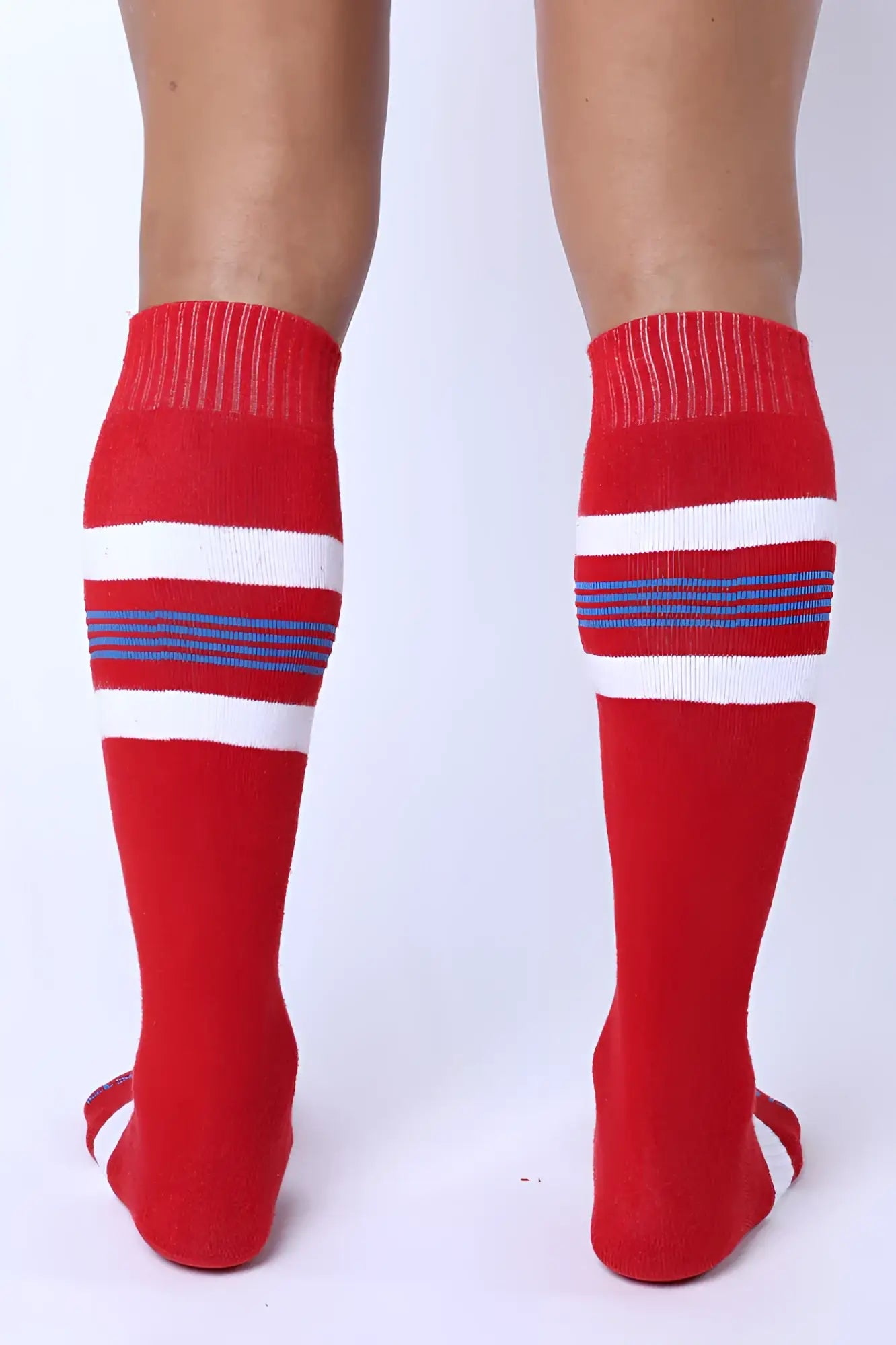 Tight end knee high socks in red with white and blue stripes designed for athletic use and comfortable fit