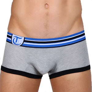Timoteo hero scout boxer brief underwear in grey heathered fabric with blue black striped waistband and white shield logo
