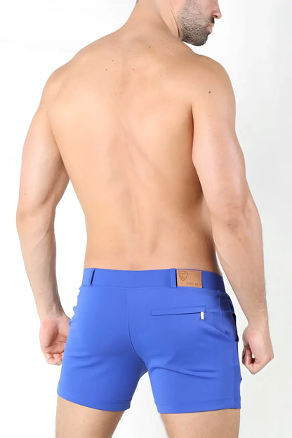 Bright blue timoteo santa monica shorts with form-fitting fit and brown leather patch on the waistband size m