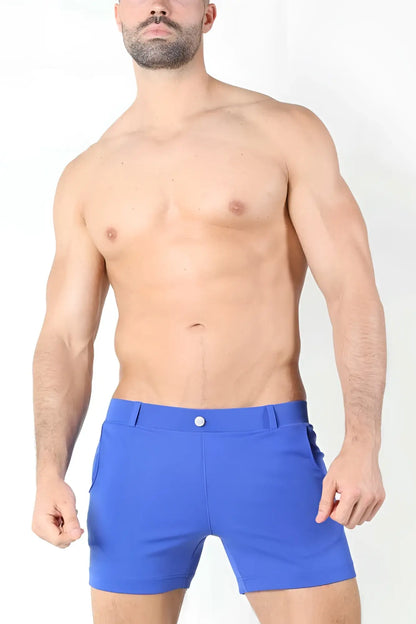 Timoteo santa monica shorts blue tms150 size M with bright blue form-fitting fabric and single button waistband closure
