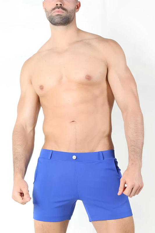 Timoteo santa monica shorts blue tms150 size M with bright blue form-fitting fabric and single button waistband closure