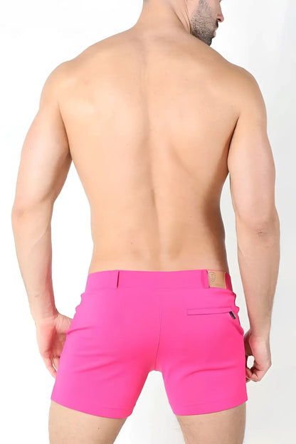 Bright pink tailored fit shorts with a small brown leather patch on the waistband timoteo santa monica size m