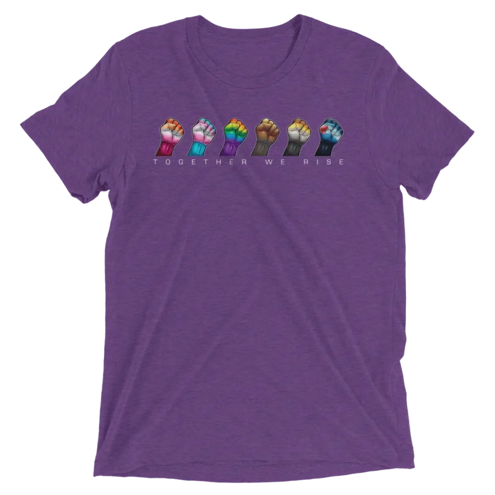 Purple heathered cotton t-shirt featuring five colorful raised fists and the phrase together we rise printed below