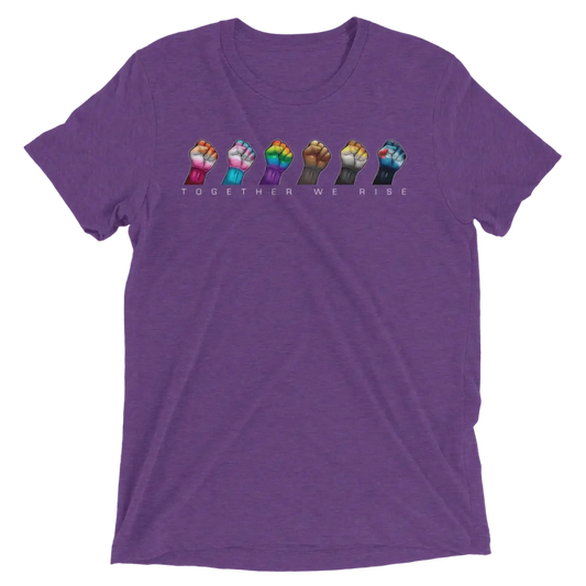 Purple heathered cotton t-shirt featuring five colorful raised fists and the phrase together we rise printed below
