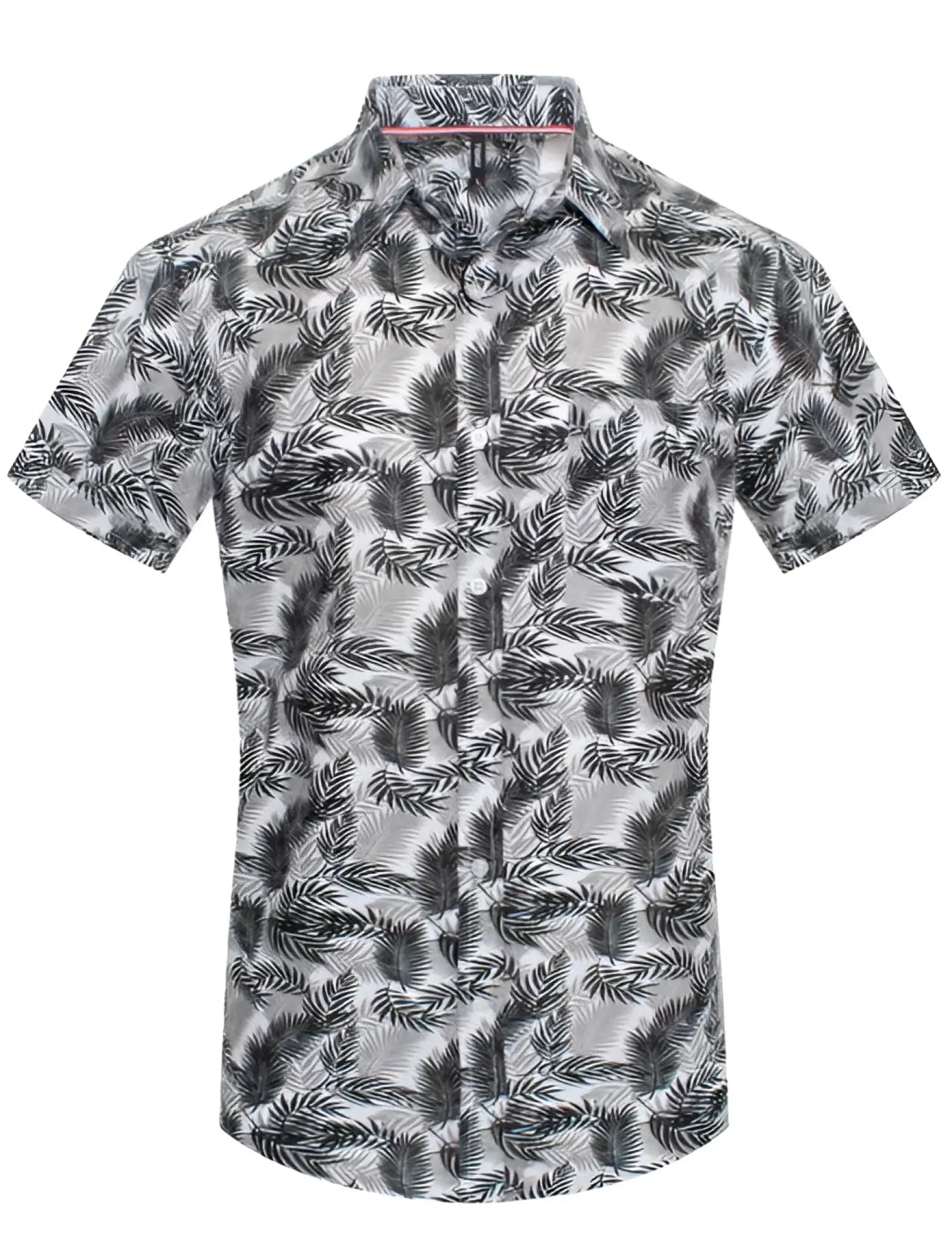 Toku palm print shirt short sleeved button up with black and white tropical leaf pattern on light gray fabric
