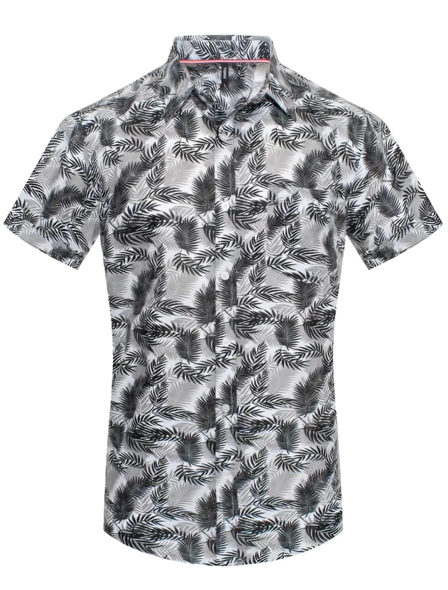 Toku palm print shirt short sleeved button up with black and white tropical leaf pattern on light gray fabric