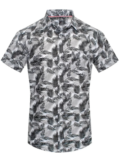 Toku palm print shirt short sleeved button up with black and white tropical leaf pattern on light gray fabric